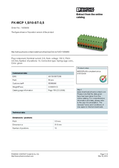 Phoenix Contact FK-MCP 1,5/10-ST-3,5 Product Data Sheet - cover page