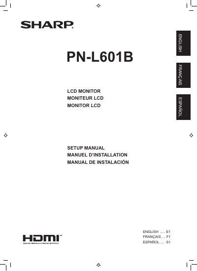 Sharp PN-L601B LCD Monitor Setup Manual - cover page