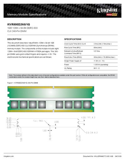 Kingston KVR800D2N6/1G Memory Module Datasheet - cover page