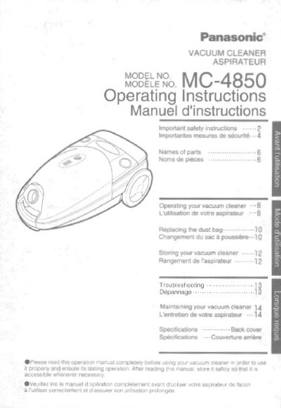 Panasonic MC-4850 Vacuum Cleaner Operating Instructions - cover page