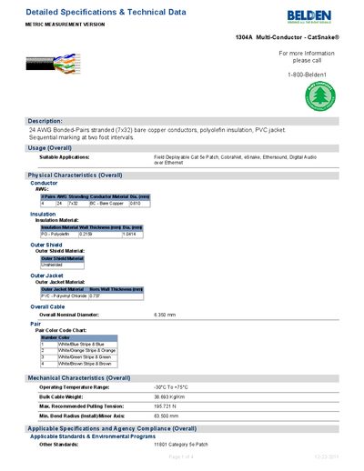 Belden 1304A CatSnake Multi-Conductor Product Data Sheet - cover page