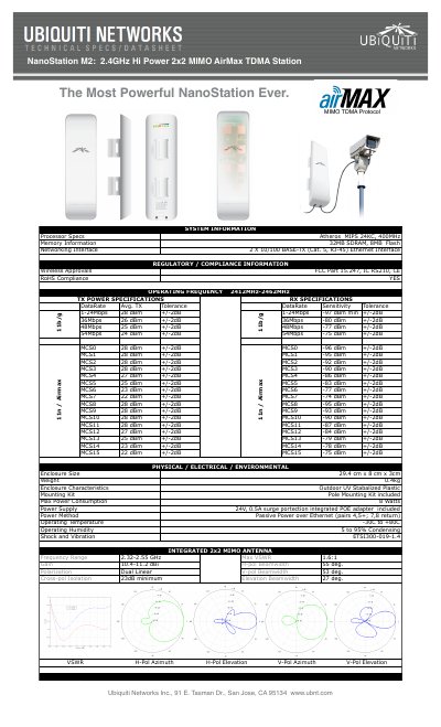 Ubiquiti NanoStation M2 2.4GHz Hi‑Power 2x2 MIMO AirMax TDMA Station Datasheet - cover page