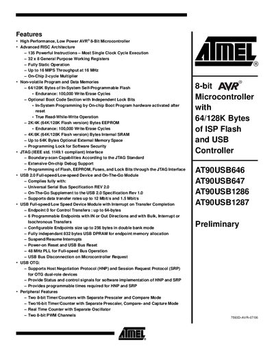 ATMEL AT90USB646/AT90USB647/AT90USB1286/AT90USB1287