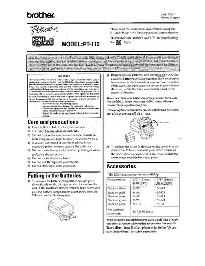 Brother PT-110 Label Maker Instruction Leaflet - cover page