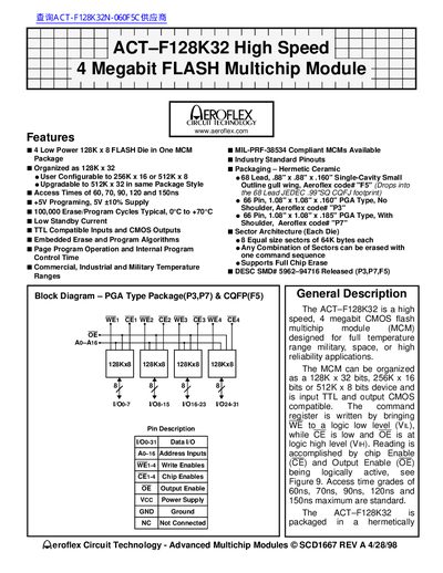 Aeroflex ACT-F128K32 Flash Multichip Module Handbook - cover page