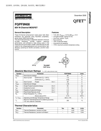 Fairchild FQPF9N08 80V N-Channel MOSFET Datasheet