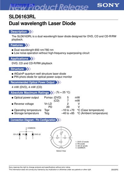 Sony SLD6163RL Dual Wavelength Laser Diode Handbook - cover page