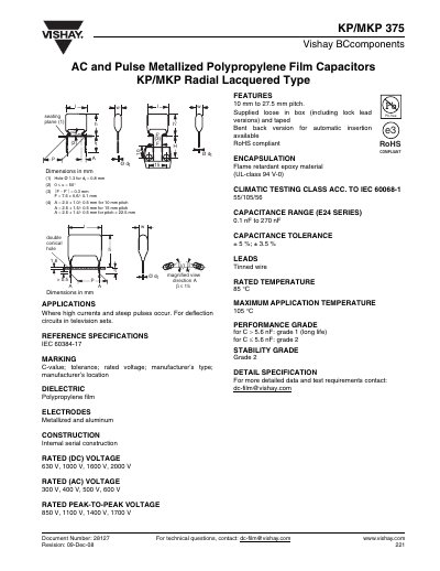 Vishay KP/MKP 375 Capacitor Product Specification - cover page