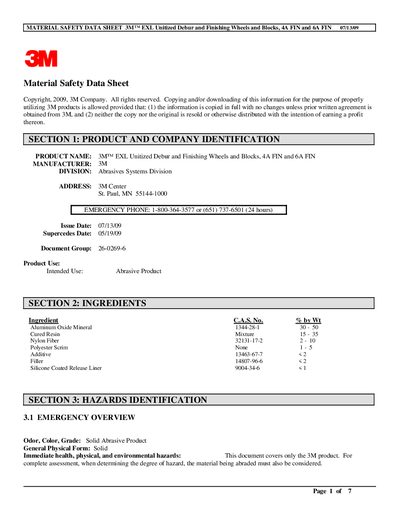 3M EXL Unitized Debur and Finishing Wheels and Blocks Material Safety Data Sheet - cover page