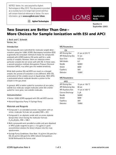 Agilent 1200L LC/MS ESI and APCI Ionization Application Note - cover page