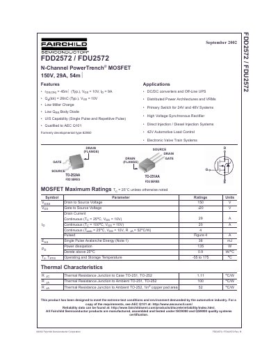 FAIRCHILD FDD2572 FDU2572 N-Channel UltraFET Trench MOSFET 150V 29A 54mOhm handbook - cover page