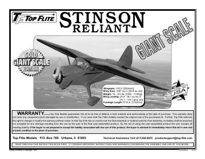 Top Flite STNGP03 Stinson Reliant Assembly and Operation Manual - cover page