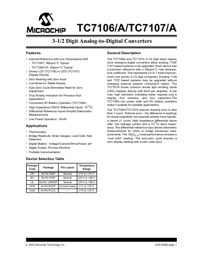 Microchip TC7106/A and TC7107/A Datasheet - cover page