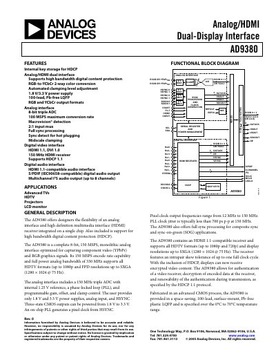 Analog Devices AD9380 Dual-Display Interface Datasheet Rev 0