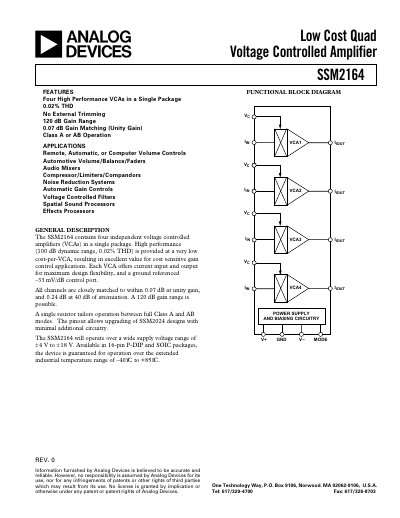 Analog Devices SSM2164 Low Cost Quad Voltage Controlled Amplifier Datasheet - cover page