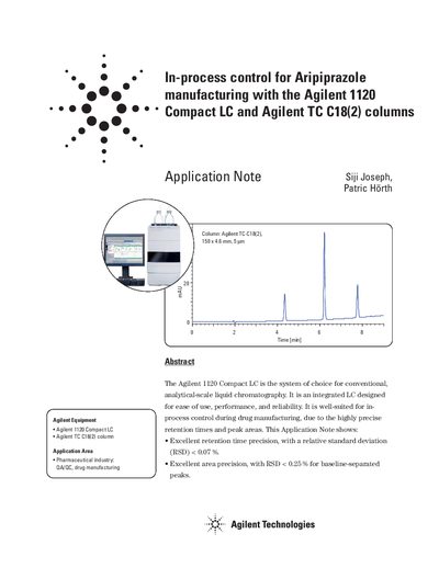 Agilent In-process control for Aripiprazole manufacturing with the Agilent 1120 Compact LC Agilent TC C18(2) columns Manual - cover page