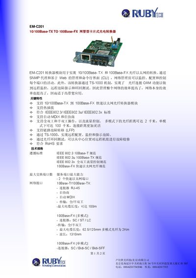 RubyTech EM-C201 10/100Base-TX to 100Base-FX Network Management Photoelectric Converter Product Leaflet - cover page