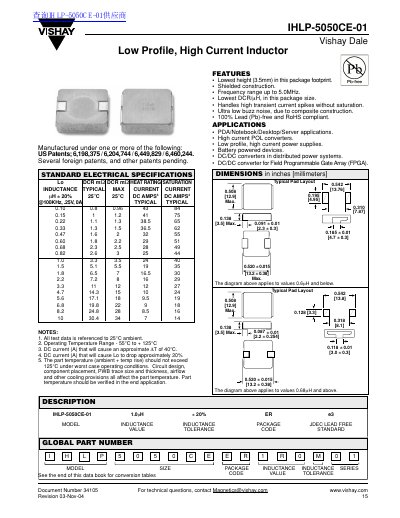 Vishay 15IHLP-5050CE-01 Low Profile High Current Inductor Datasheet - cover page