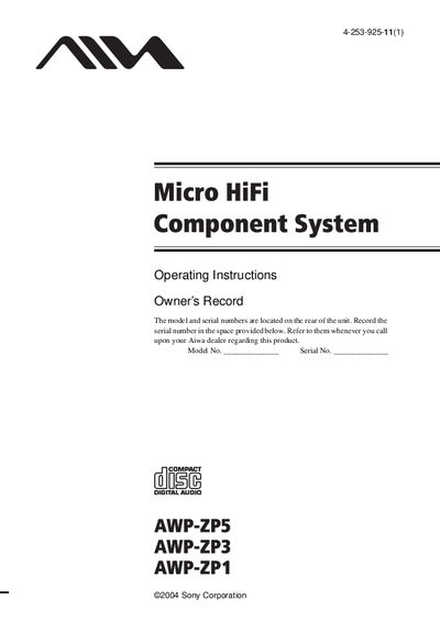 Aiwa AWP-ZP5/ZP3/ZP1 Owner's Record - cover page