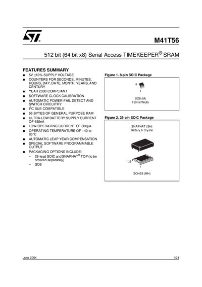 STMICROELECTRONICS M41T56 512 bit (64 bit x8) Serial Access TIMEKEEPER SRAM handbook - cover page
