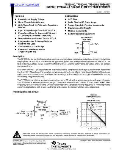 TEXAS INSTRUMENTS TPS60400 TPS60401 TPS60402 TPS60403 UNREGULATED 60-mA CHARGE PUMP VOLTAGE INVERTER handbook - cover page