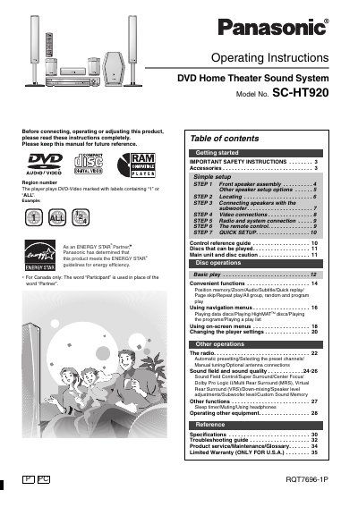 Panasonic SC-HT920 DVD Home Theater Sound System Operating Instructions - cover page