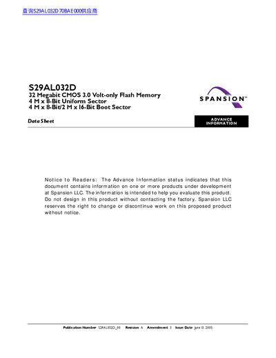 Spansion S29AL032D 32-Megabit Flash Memory Data Sheet - cover page