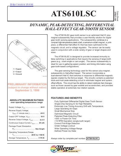 Allegro Microsystems ATS610LSC Dynamic Peak-Detecting Differential Hall-Effect Gear-Tooth Sensor Datasheet - cover page