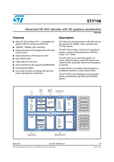 STMicroelectronics STi7108 Advanced HD AVC Decoder Datasheet