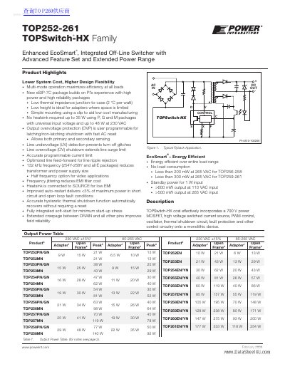 Power Integrations TOP252-261 TOPSwitch-HX Family Datasheet - cover page
