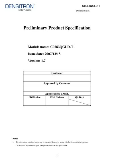 Densitron C0283QGLD-T OLED Display Preliminary Product Specification - cover page