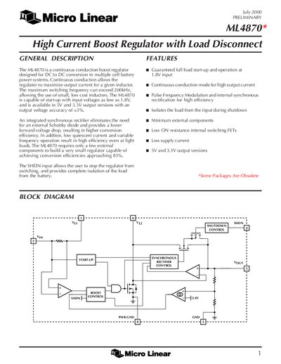 Micro Linear ML4870 High Current Boost Regulator Datasheet - cover page