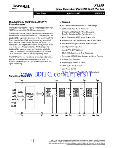 Intersil X9259 Quad Digitally-Controlled Potentiometer Datasheet - cover page