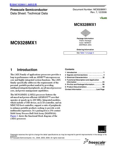 Freescale MC9328MX1 i.MX1 Processor Technical Data Sheet