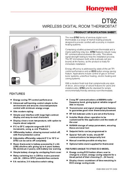 Honeywell DT92 Wireless Digital Room Thermostat Manual - cover page