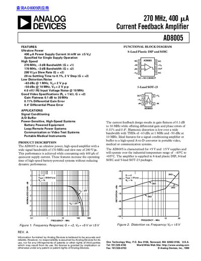 ANALOG DEVICES AD8005 270 MHz 400 mA Current Feedback Amplifier handbook - cover page
