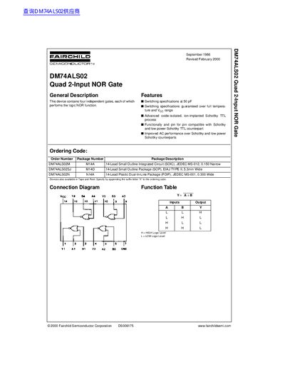 Fairchild Semiconductor DM74ALS02 Quad 2-Input NOR Gate Datasheet