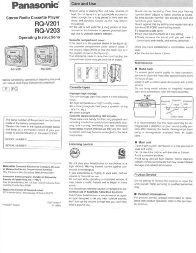 Panasonic RQ-V201 Stereo Radio Cassette Player Operating Instructions - cover page