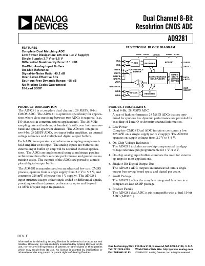 Analog Devices AD9281 Dual‑Channel 8‑Bit CMOS ADC Datasheet - cover page