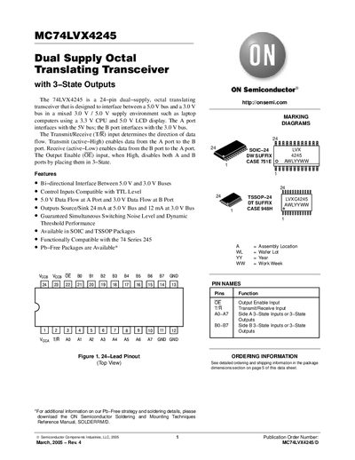ON Semiconductor MC74LVX4245 Dual Supply Octal Translating Transceiver Datasheet - cover page