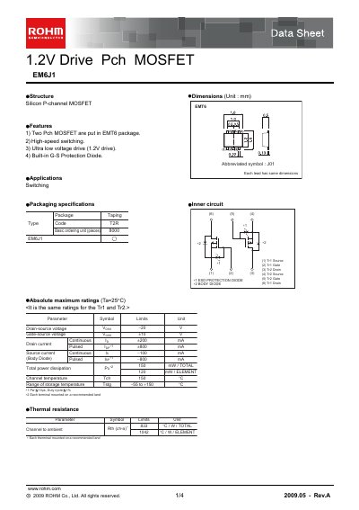 ROHM EM6J1 P-channel MOSFET Data Sheet - cover page