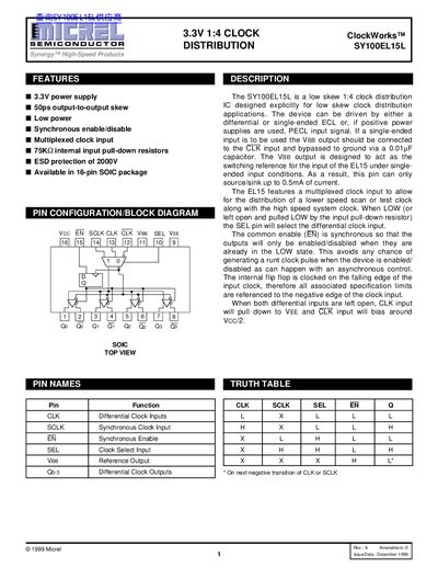 Micrel SY100EL15L Clock Distribution IC Datasheet - cover page