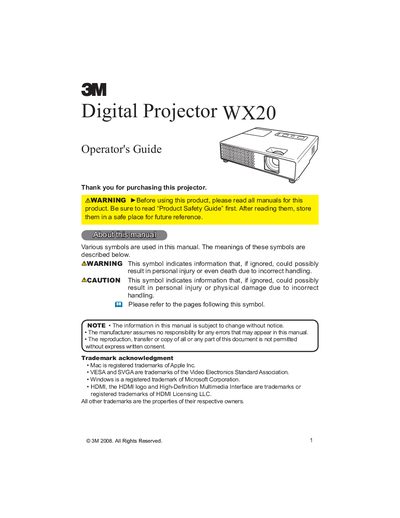 3M WX20 Digital Projector Operator's Guide