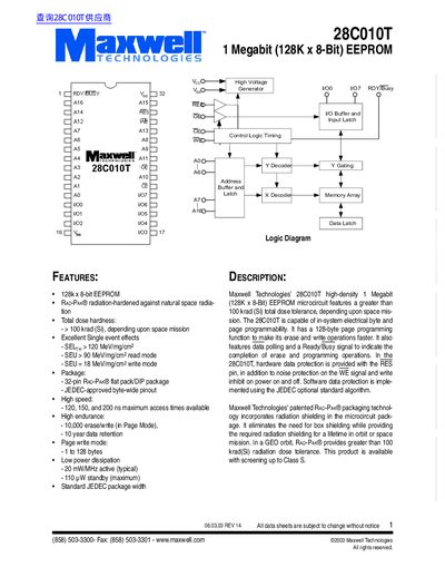 Maxwell TECHNOLOGIES 28C010T 1 Megabit (128K x 8-Bit) EEPROM - cover page