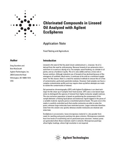 Agilent EcoSpheres Application Note for Chlorinated Compounds in Linseed Oil - cover page