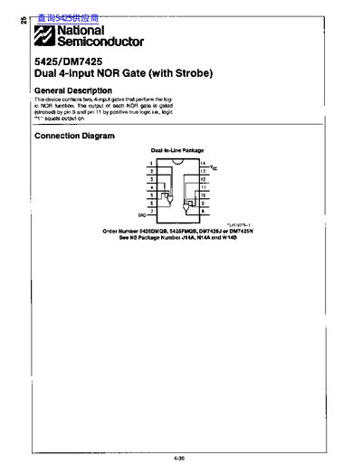 National Semiconductor 5425/DM7425 Dual 4-Input NOR Gate Datasheet - cover page