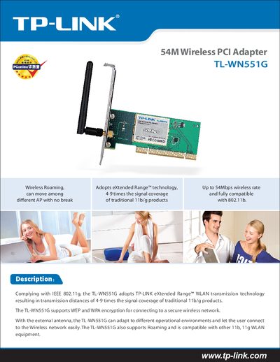TP-LINK TL-WN551G 54M Wireless PCI Adapter User Manual - cover page
