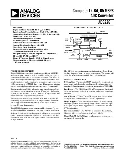 Analog Devices AD9226 12‑Bit 65 MSPS ADC Converter Datasheet