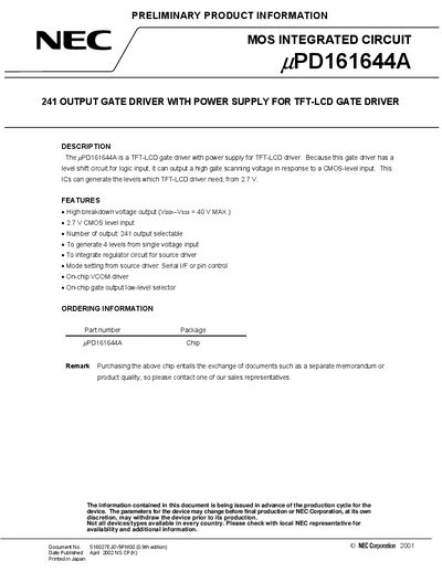 NEC uPD161644A 241‑Output Gate Driver Datasheet - cover page