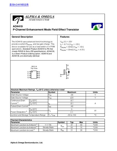 Alpha & Omega Semiconductor AO4419 P-Channel Enhancement Mode Field Effect Transistor Datasheet - cover page